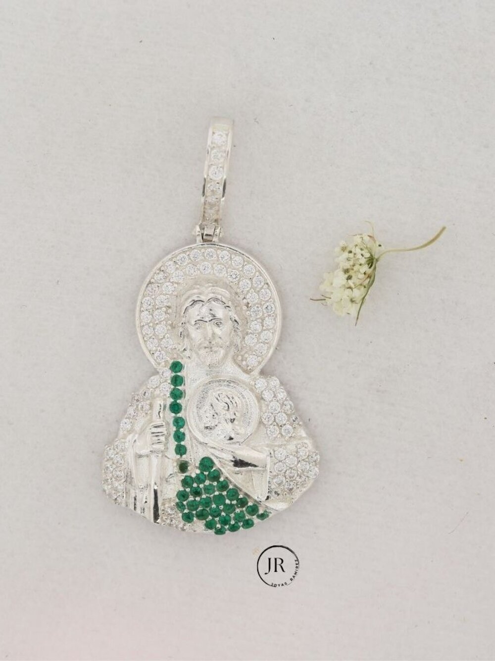 1.45" 3.7 cm 925 Silver St Jude Pendant Green CZ San Judas Tadeo Figure Pendant